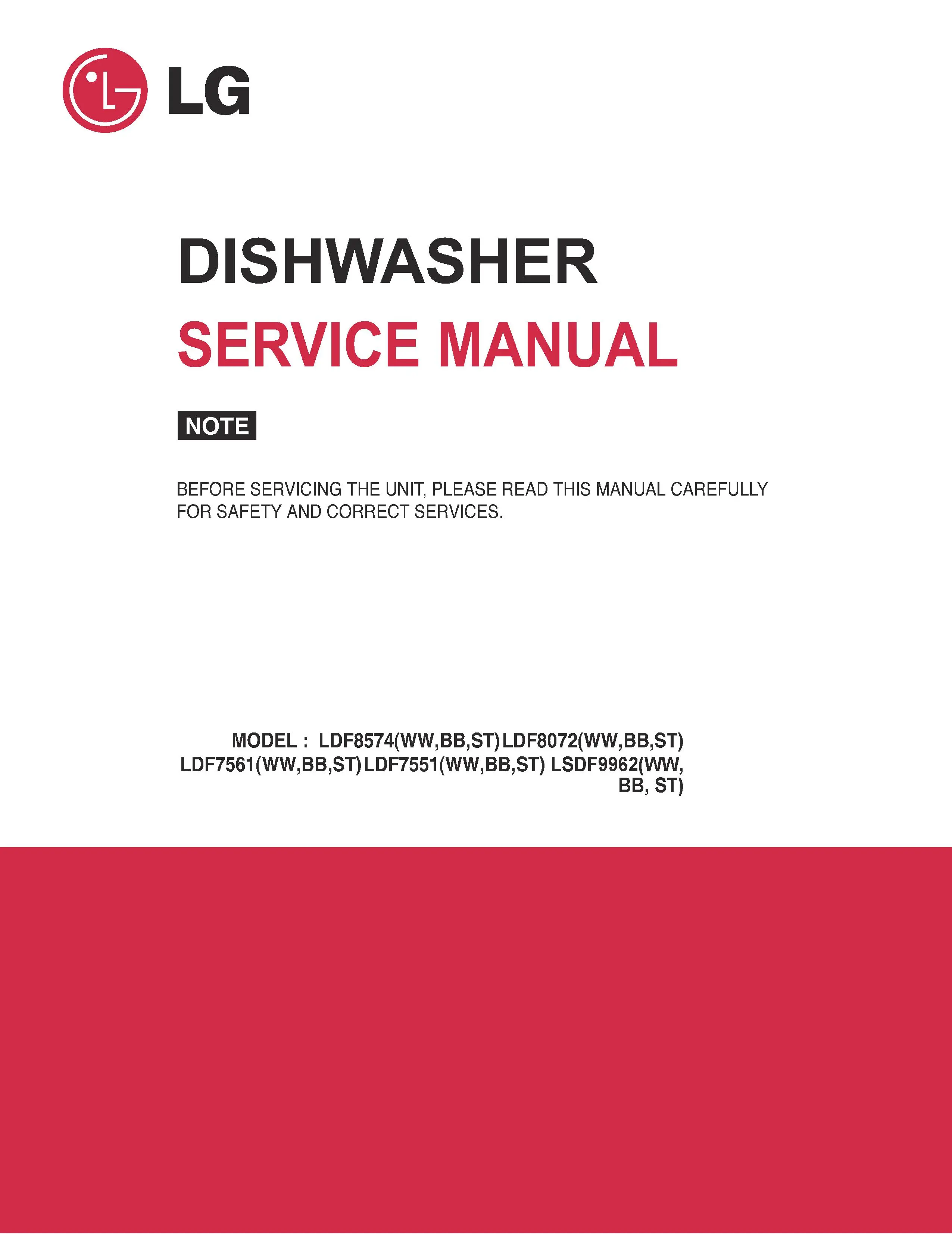 Lg ldf8072st ldf8574st service manual cover dishwasher service manual with model codes and service caution notice
