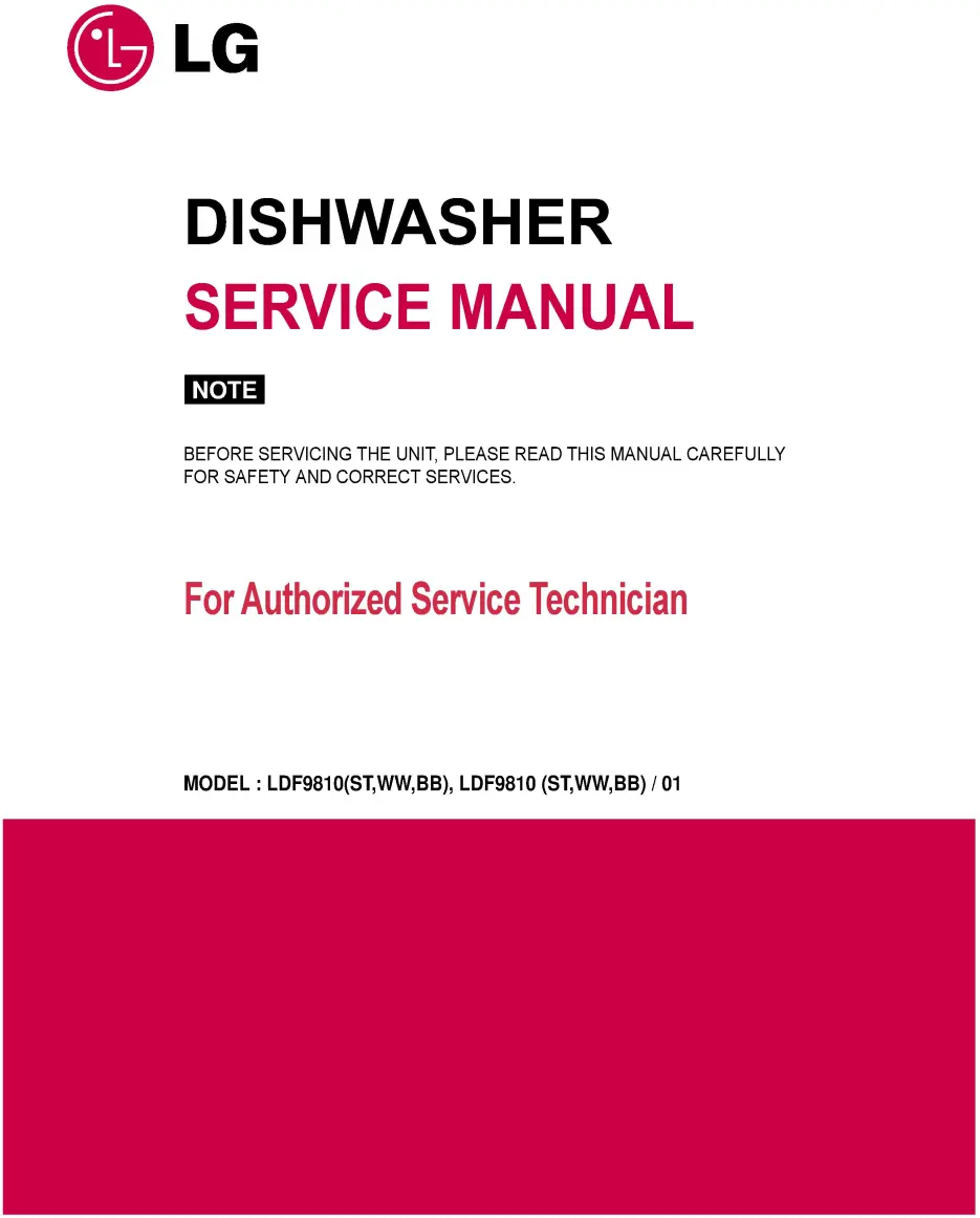 Lg ldf9810st ldf9810ww ldf9810bb service manual cover dishwasher service manual with model codes and service caution notice
