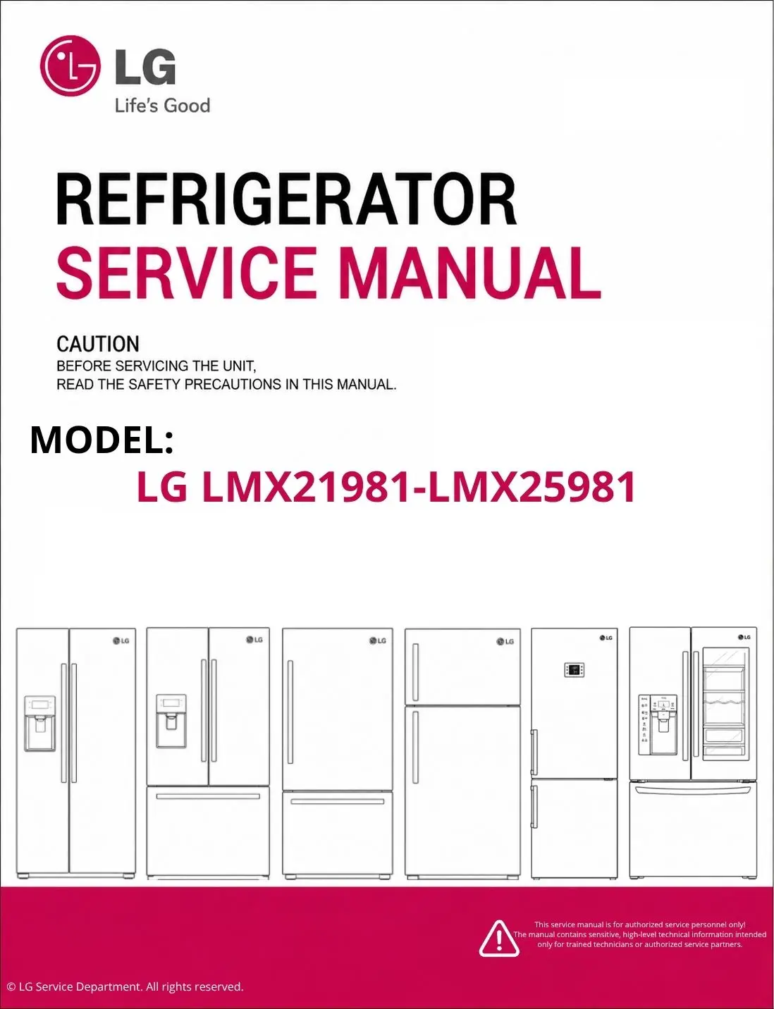 Lg lmx21981 lmx25981 refrigerator service manual cover with model code