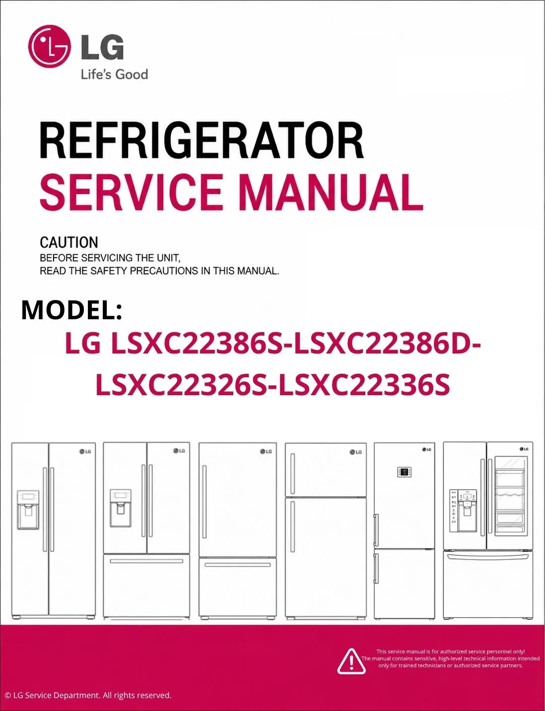 Lg lsxc22386s lsxc22386d lsxc22326s lsxc22336s refrigerator service manual cover with model code