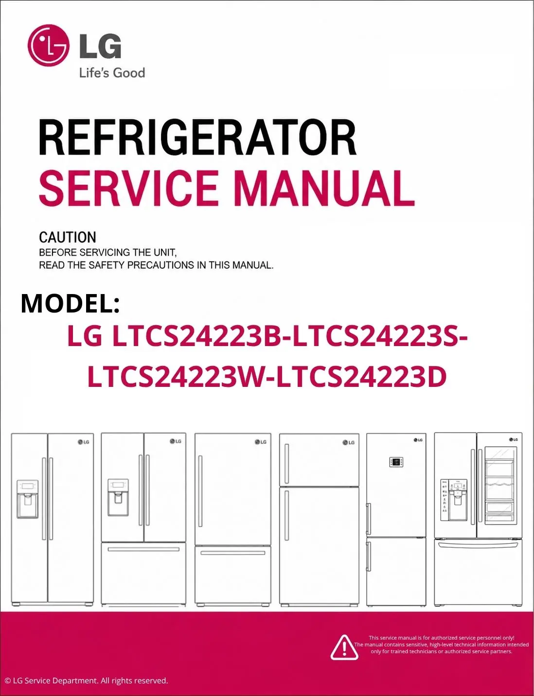 Lg ltcs24223b ltcs24223s ltcs24223w ltcs24223d refrigerator service manual cover with model code