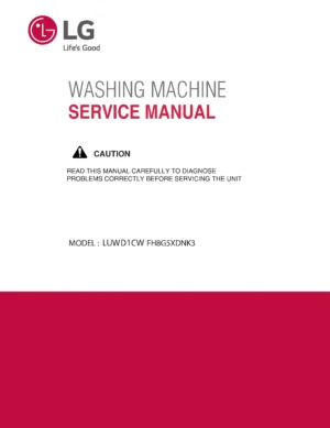 Lg luwd1cw service manual cover with LG logo, service website path, washer model codes and service caution notice
