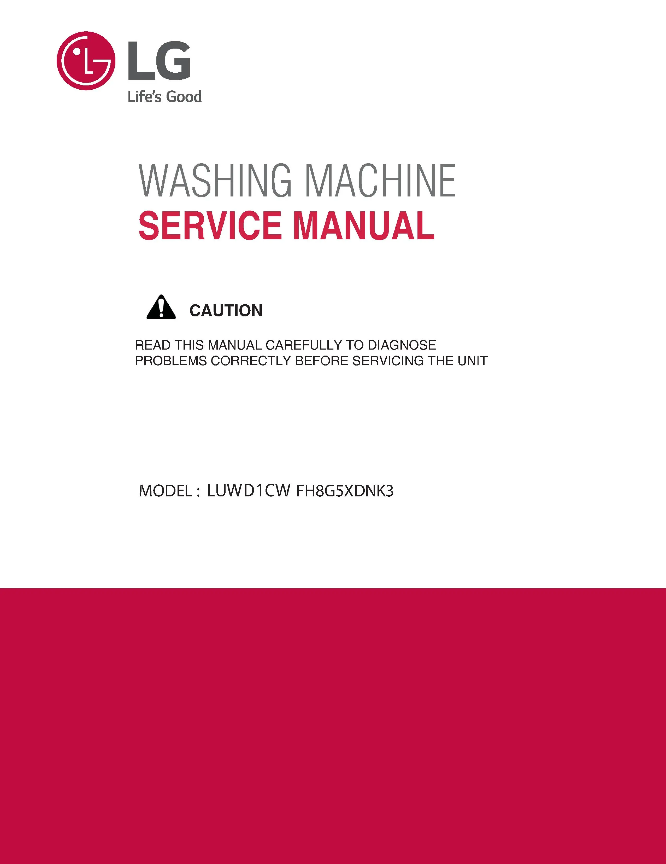 Lg luwd1cw service manual cover with LG logo, service website path, washer model codes and service caution notice