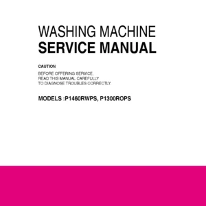 Lg p1460rwps service manual cover with LG logo, service website path, washer model codes and service caution notice