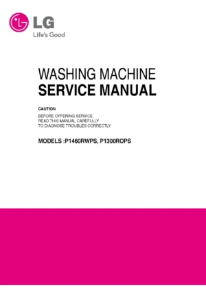 Lg p1460rwps service manual cover with LG logo, service website path, washer model codes and service caution notice