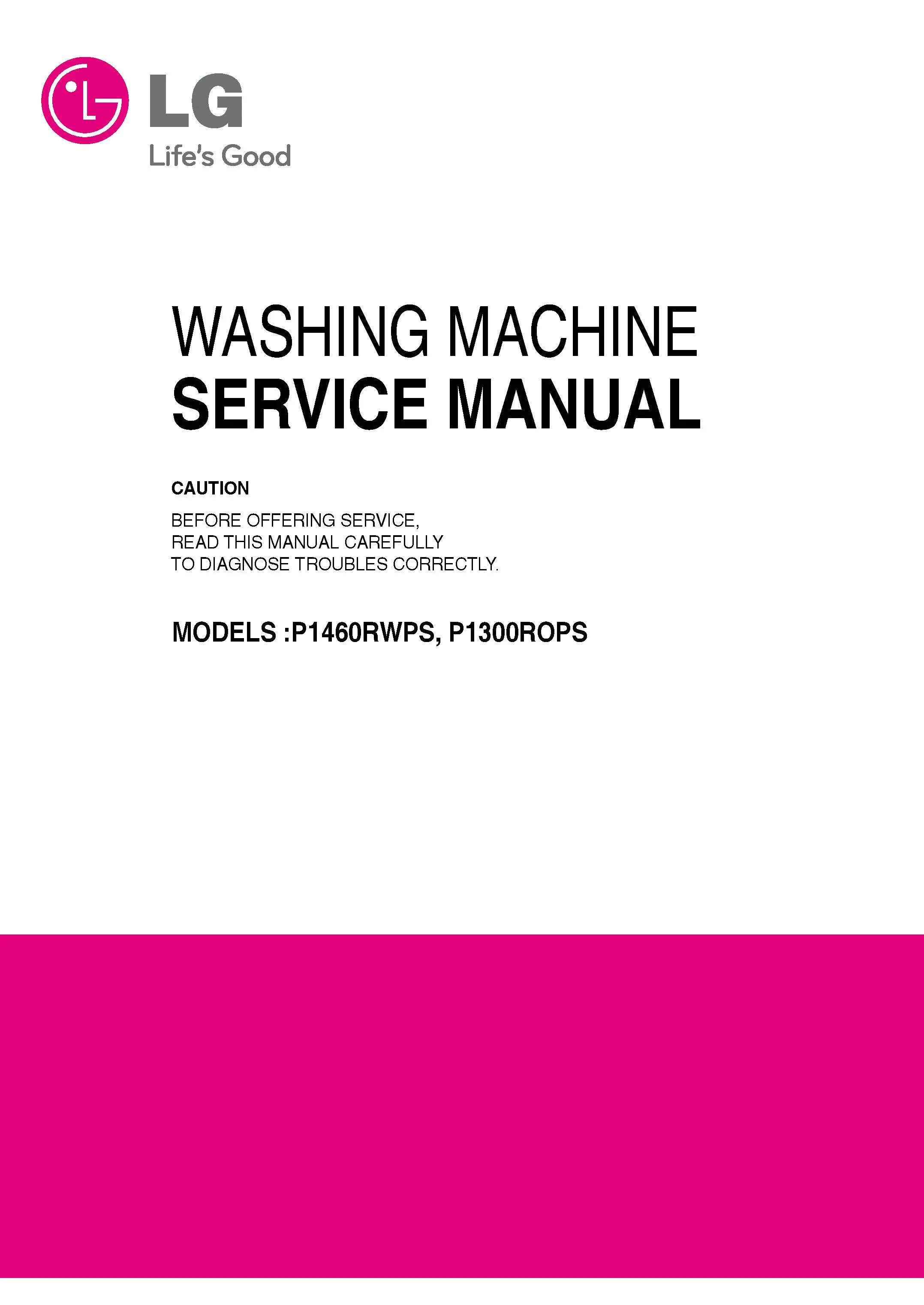 Lg p1460rwps service manual cover with LG logo, service website path, washer model codes and service caution notice