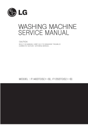 Lg st148pbm service manual cover with LG logo, service website path, washer model codes and service caution notice