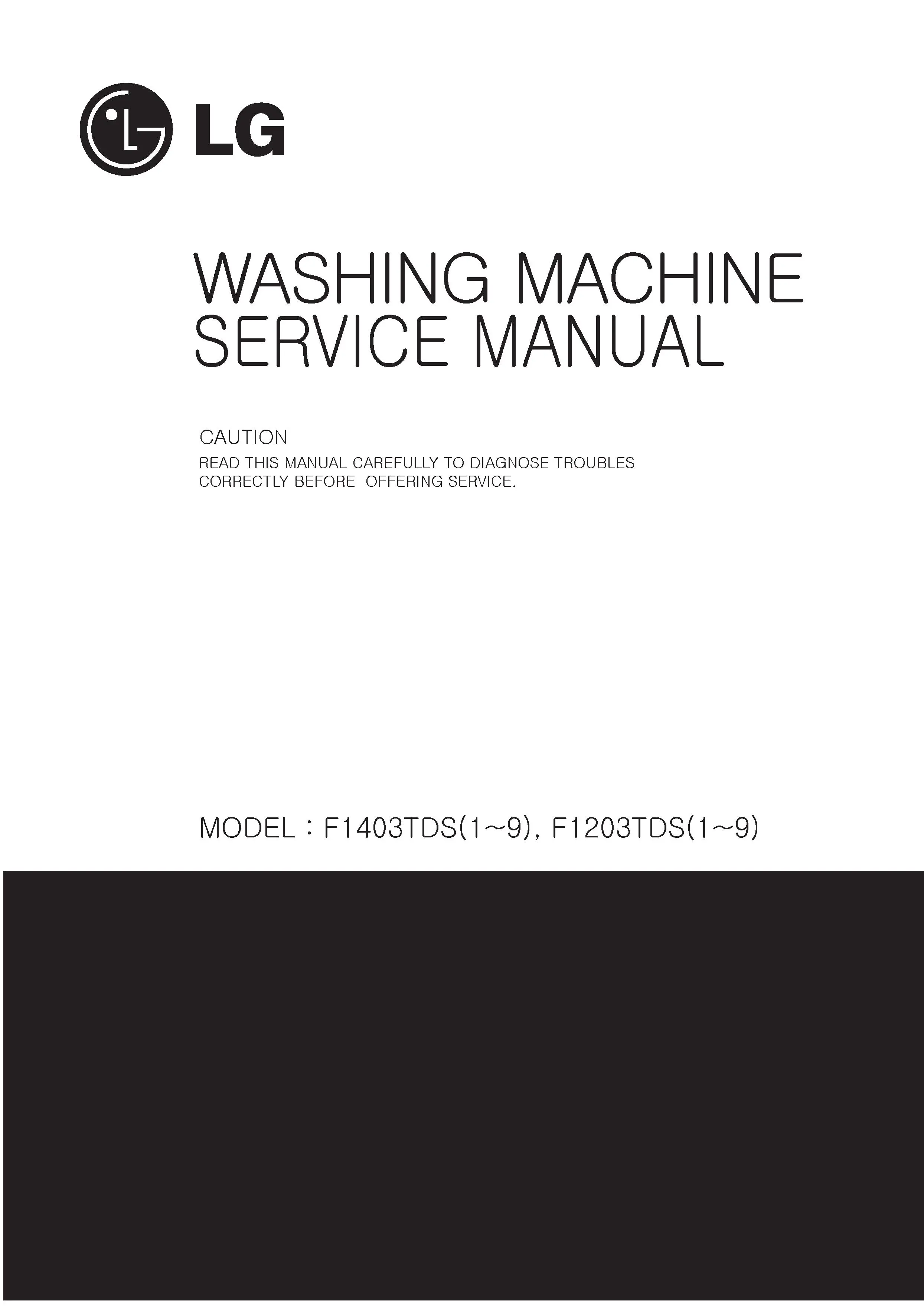 Lg st148pbm service manual cover with LG logo, service website path, washer model codes and service caution notice