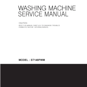 Lg st148pwm service manual cover with LG logo, service website path, washer model codes and service caution notice
