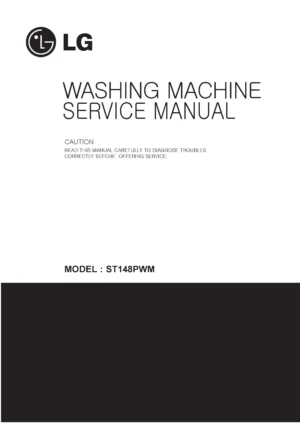 Lg st148pwm service manual cover with LG logo, service website path, washer model codes and service caution notice