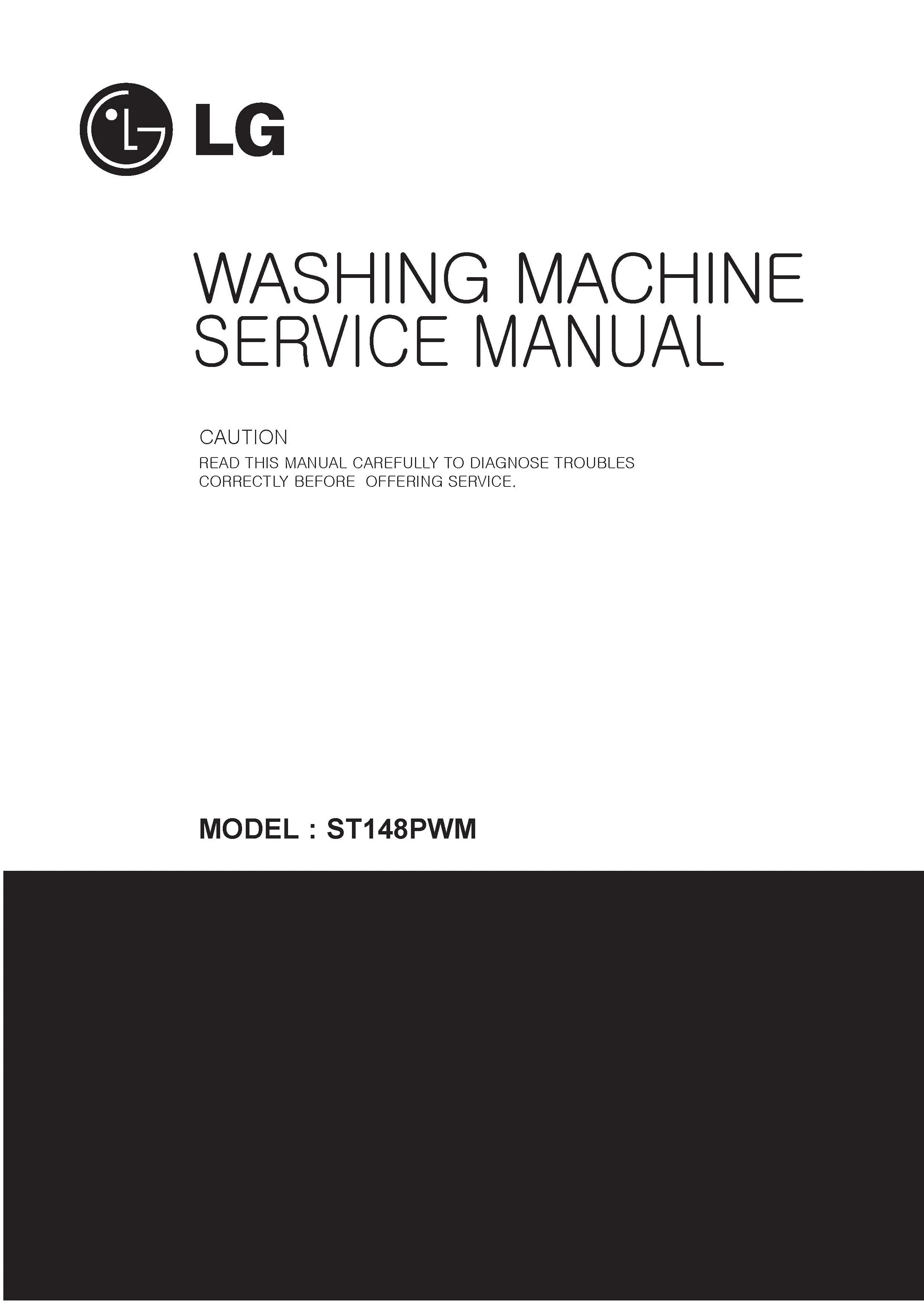Lg st148pwm service manual cover with LG logo, service website path, washer model codes and service caution notice