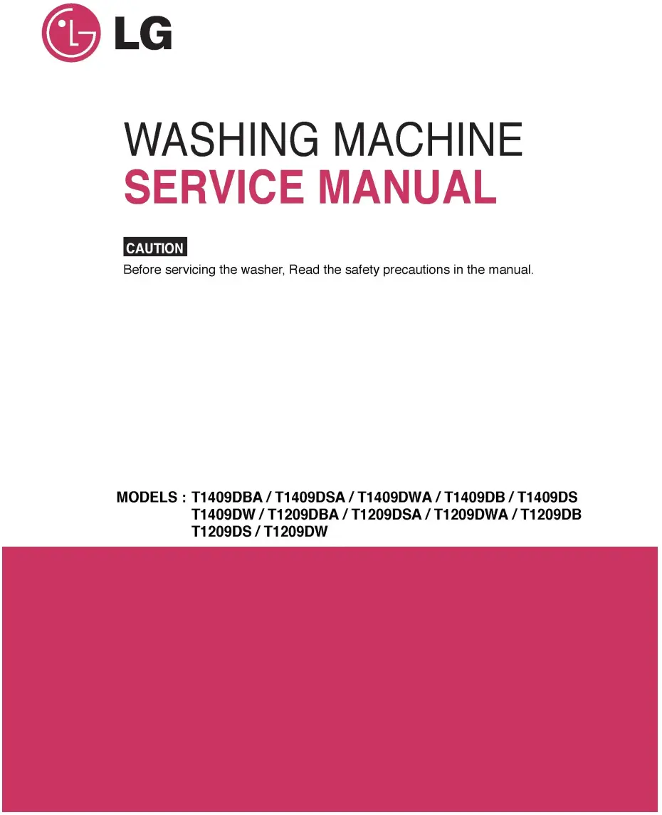 Lg t 1209db service manual cover with LG logo, service website path, washer model codes and service caution notice