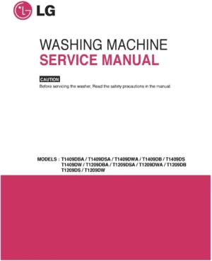 Lg t 1409dba service manual cover with LG logo, service website path, washer model codes and service caution notice