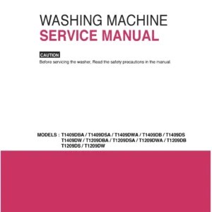 Lg t 1409ds service manual cover with LG logo, service website path, washer model codes and service caution notice