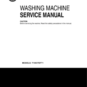 Lg t1003teft1 service manual cover with LG logo, service website path, washer model codes and service caution notice
