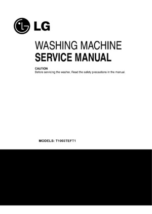 Lg t1003teft1 service manual cover with LG logo, service website path, washer model codes and service caution notice