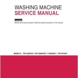 Lg t1103adp5 service manual cover with LG logo, service website path, washer model codes and service caution notice