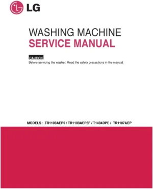 Lg t1103adp5 service manual cover with LG logo, service website path, washer model codes and service caution notice