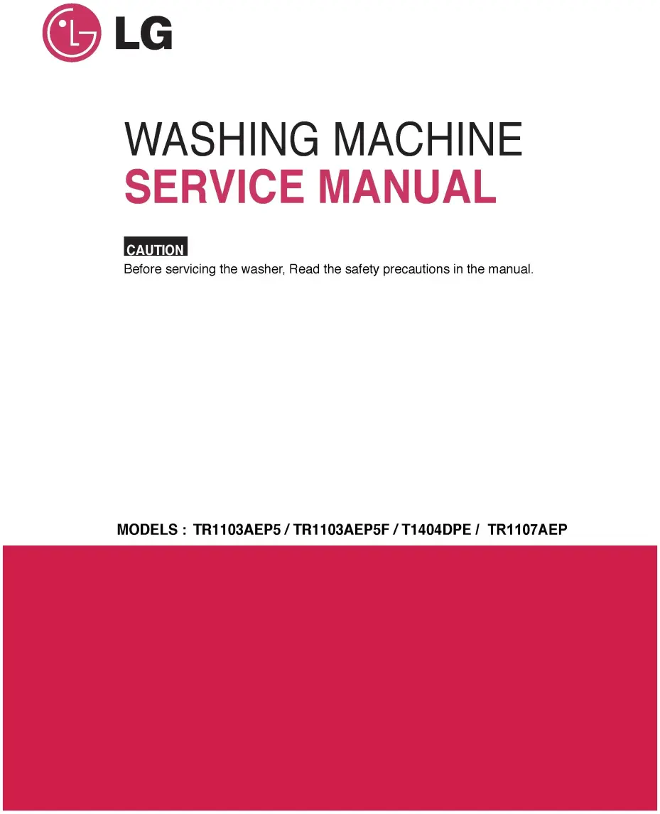 Lg t1103adp5 service manual cover with LG logo, service website path, washer model codes and service caution notice