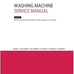 Lg t1103adp6 service manual cover with LG logo, service website path, washer model codes and service caution notice