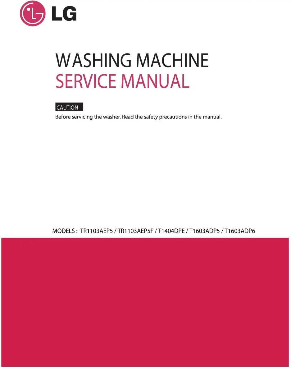 Lg t1103adp6 service manual cover with LG logo, service website path, washer model codes and service caution notice