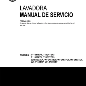 Lg t1103tef3 service manual cover with LG logo, service website path, washer model codes and service caution notice
