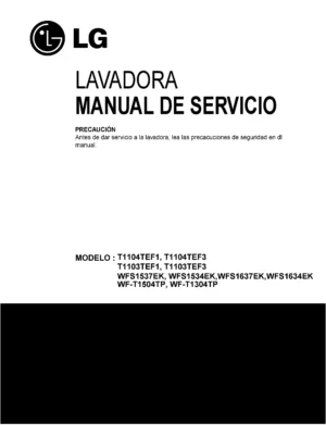 Lg t1103tef3 service manual cover with LG logo, service website path, washer model codes and service caution notice