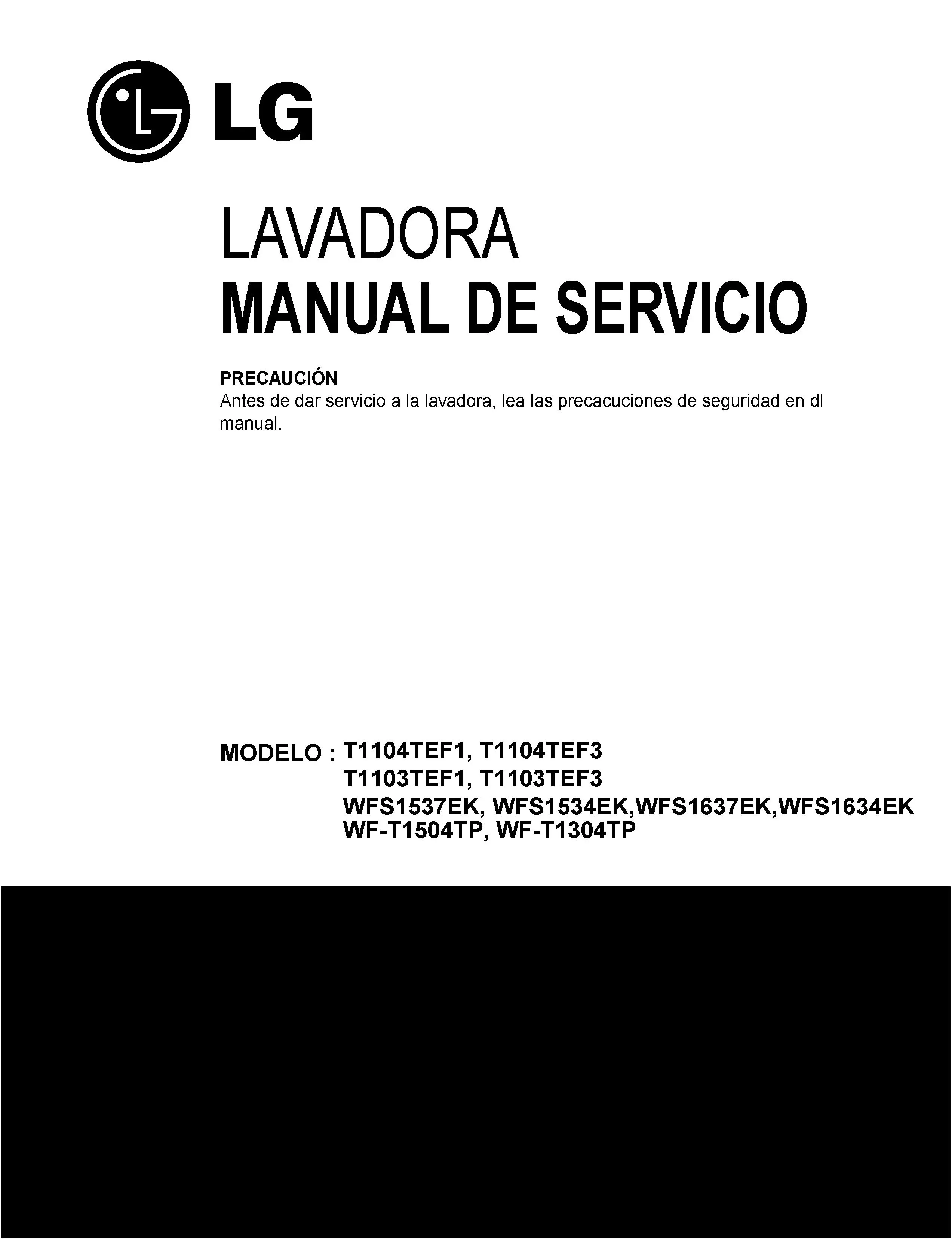 Lg t1103tef3 service manual cover with LG logo, service website path, washer model codes and service caution notice