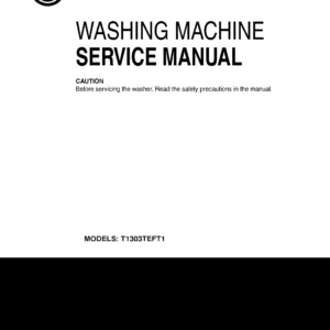 Lg t1303teft1 service manual cover with LG logo, service website path, washer model codes and service caution notice