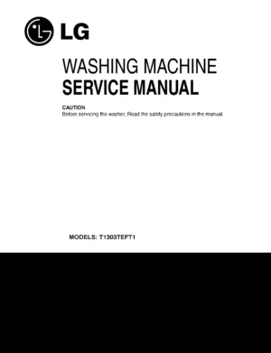 Lg t1303teft1 service manual cover with LG logo, service website path, washer model codes and service caution notice