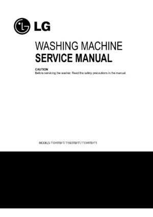 Lg t1503teft1 service manual cover with LG logo, service website path, washer model codes and service caution notice