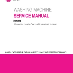Lg t1532afps5 service manual cover with LG logo, service website path, washer model codes and service caution notice