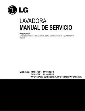 Lg t1603tef3 service manual cover with LG logo, service website path, washer model codes and service caution notice