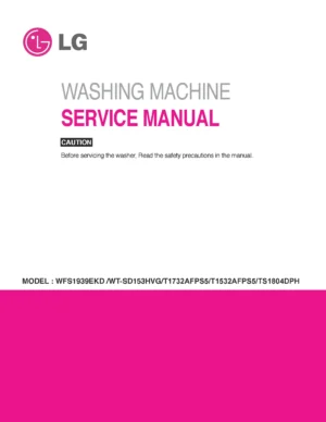Lg t1732afps5 service manual cover with LG logo, service website path, washer model codes and service caution notice