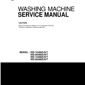 Lg wd 10480n service manual cover with LG logo, service website path, washer model codes and service caution notice