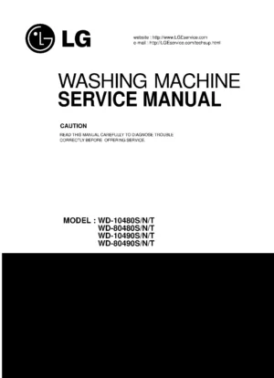 Lg wd 10480n service manual cover with LG logo, service website path, washer model codes and service caution notice