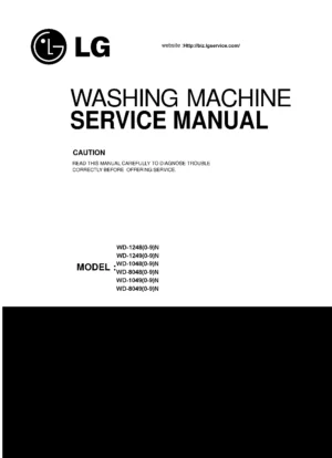 Lg wd 10480np service manual cover with LG logo, service website path, washer model codes and service caution notice