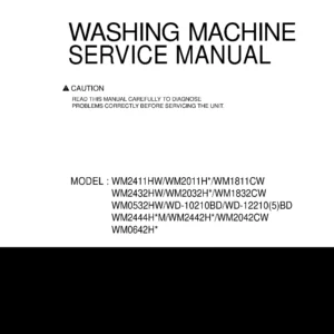 Lg wd 12210bd 12215bd service manual cover with LG logo, service website path, washer model codes and service caution notice