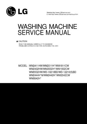 Lg wd 12210bd 12215bd service manual cover with LG logo, service website path, washer model codes and service caution notice