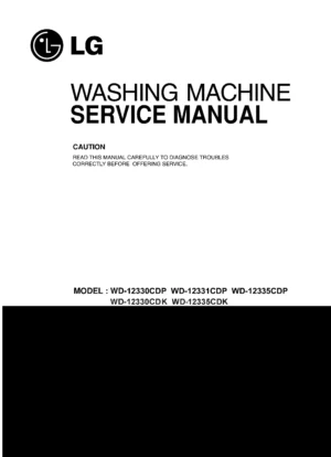 Lg wd 12331cdp service manual cover with LG logo, service website path, washer model codes and service caution notice