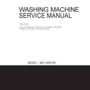 Lg wd 1250ard service manual cover with LG logo, service website path, washer model codes and service caution notice