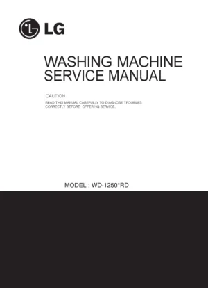 Lg wd 1250erd service manual cover with LG logo, service website path, washer model codes and service caution notice