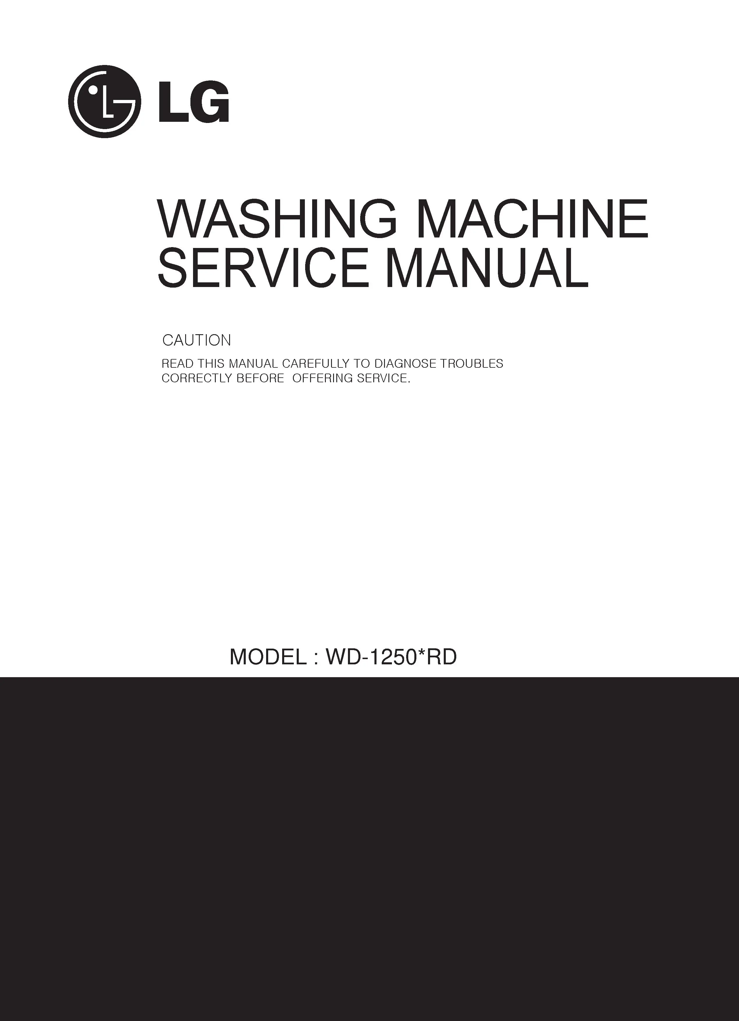 Lg wd 1250erd service manual cover with LG logo, service website path, washer model codes and service caution notice