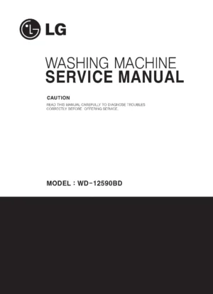 Lg wd 12591bdh service manual cover with LG logo, service website path, washer model codes and service caution notice