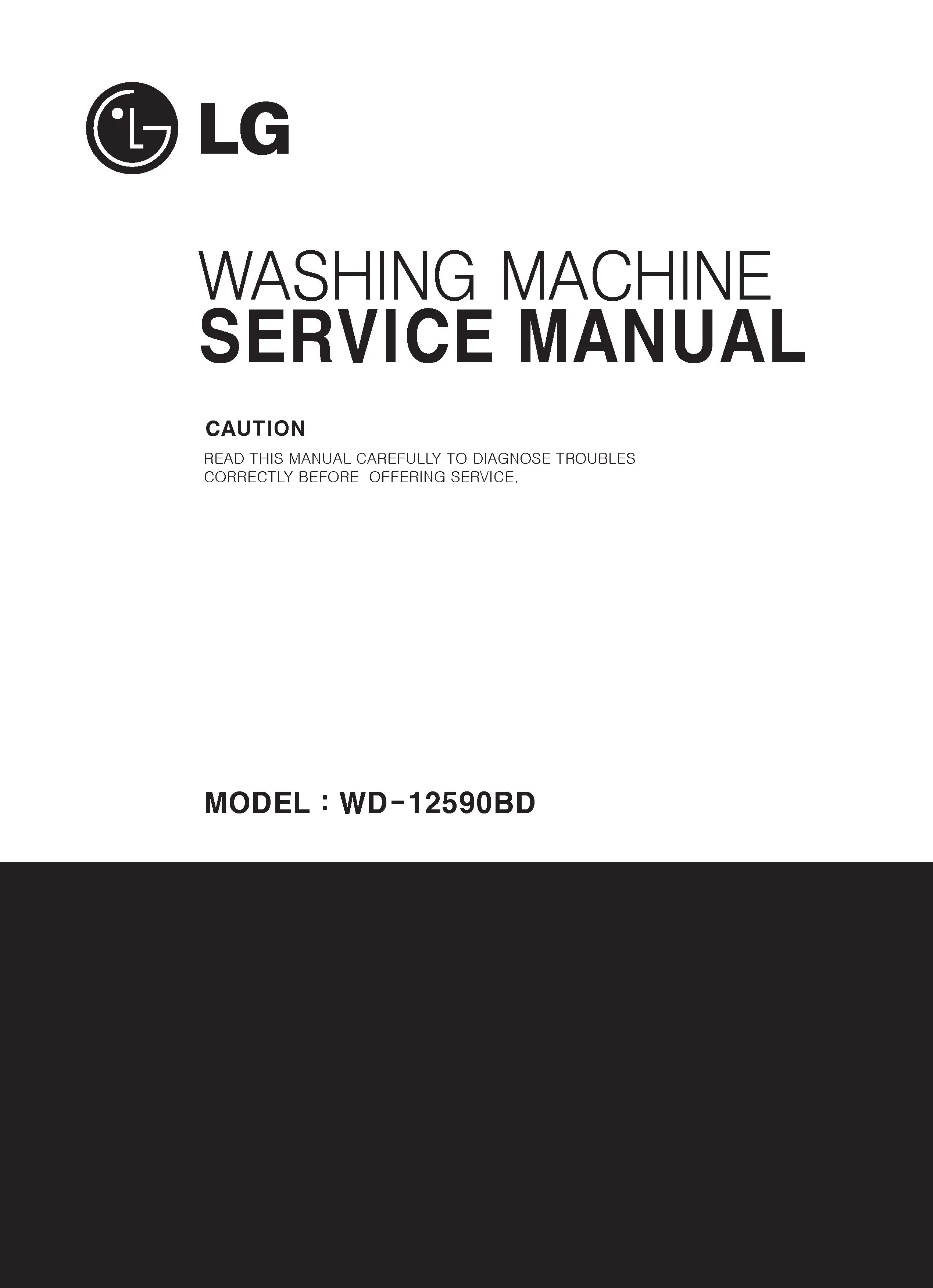Lg wd 12591bdh service manual cover with LG logo, service website path, washer model codes and service caution notice