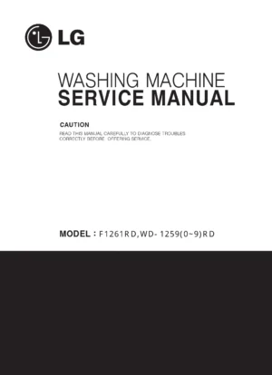 Lg wd 12596rd service manual cover with LG logo, service website path, washer model codes and service caution notice