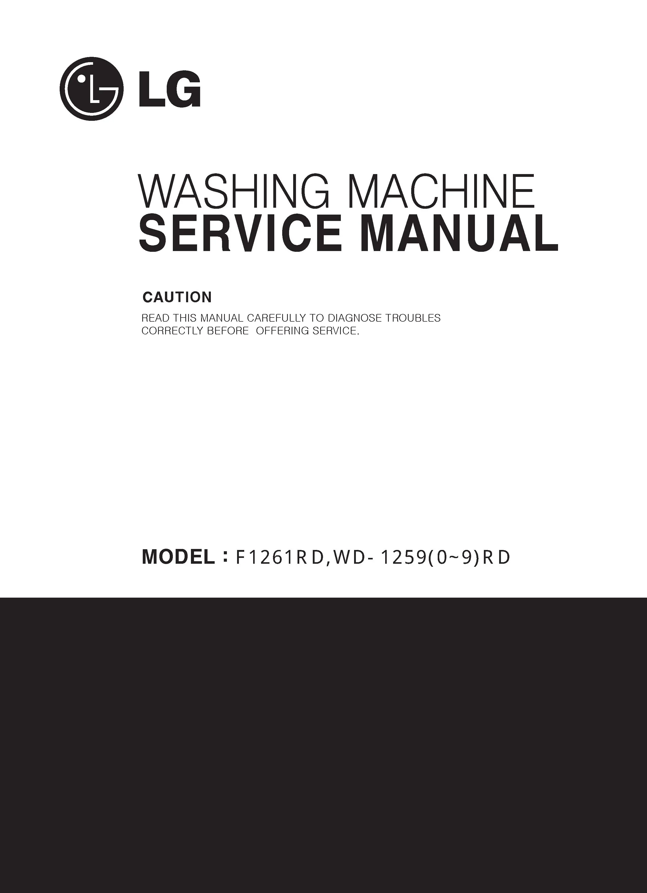 Lg wd 12596rda service manual cover with LG logo, service website path, washer model codes and service caution notice