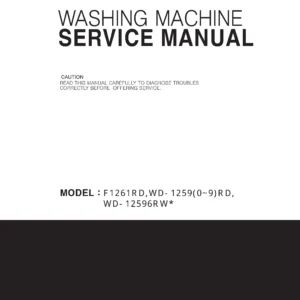 Lg wd 12596rw service manual cover with LG logo, service website path, washer model codes and service caution notice