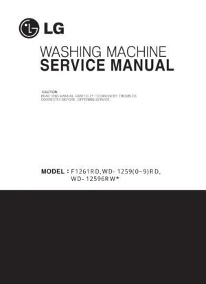 Lg wd 12596rwa service manual cover with LG logo, service website path, washer model codes and service caution notice