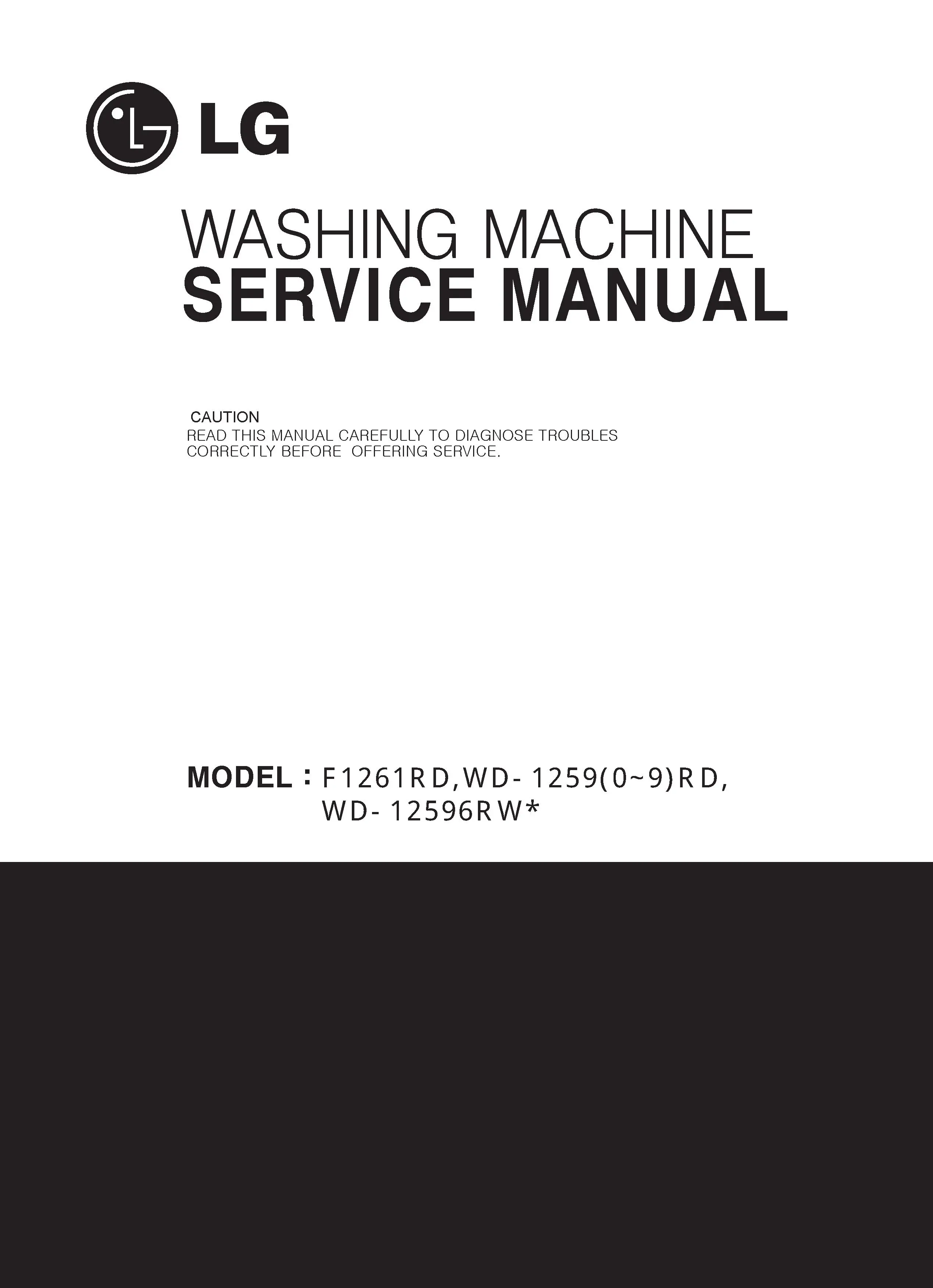 Lg wd 12596rwa service manual cover with LG logo, service website path, washer model codes and service caution notice